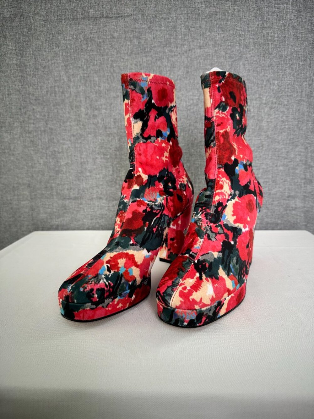 NEW KENZO Glove Hi Heeled Boot Red Floral Stretch Jersey Sock Bootie US 8 EU 40